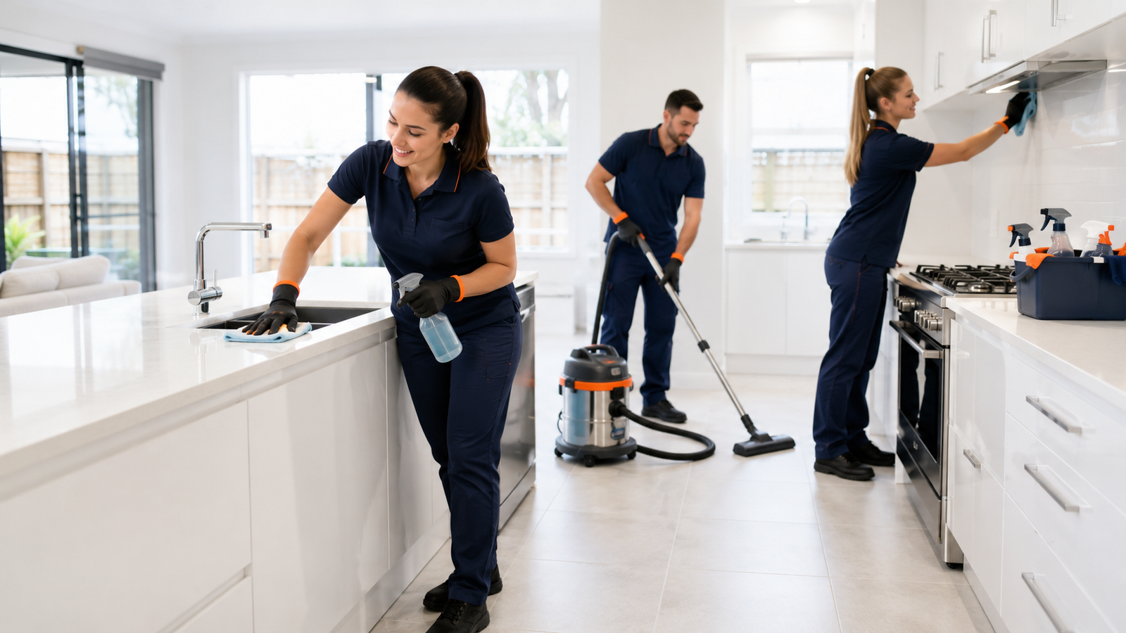 Urgent Pro Cleaning team professionally cleaning a modern white kitchen to bond cleaning standard with vacuum and surface cleaning tools