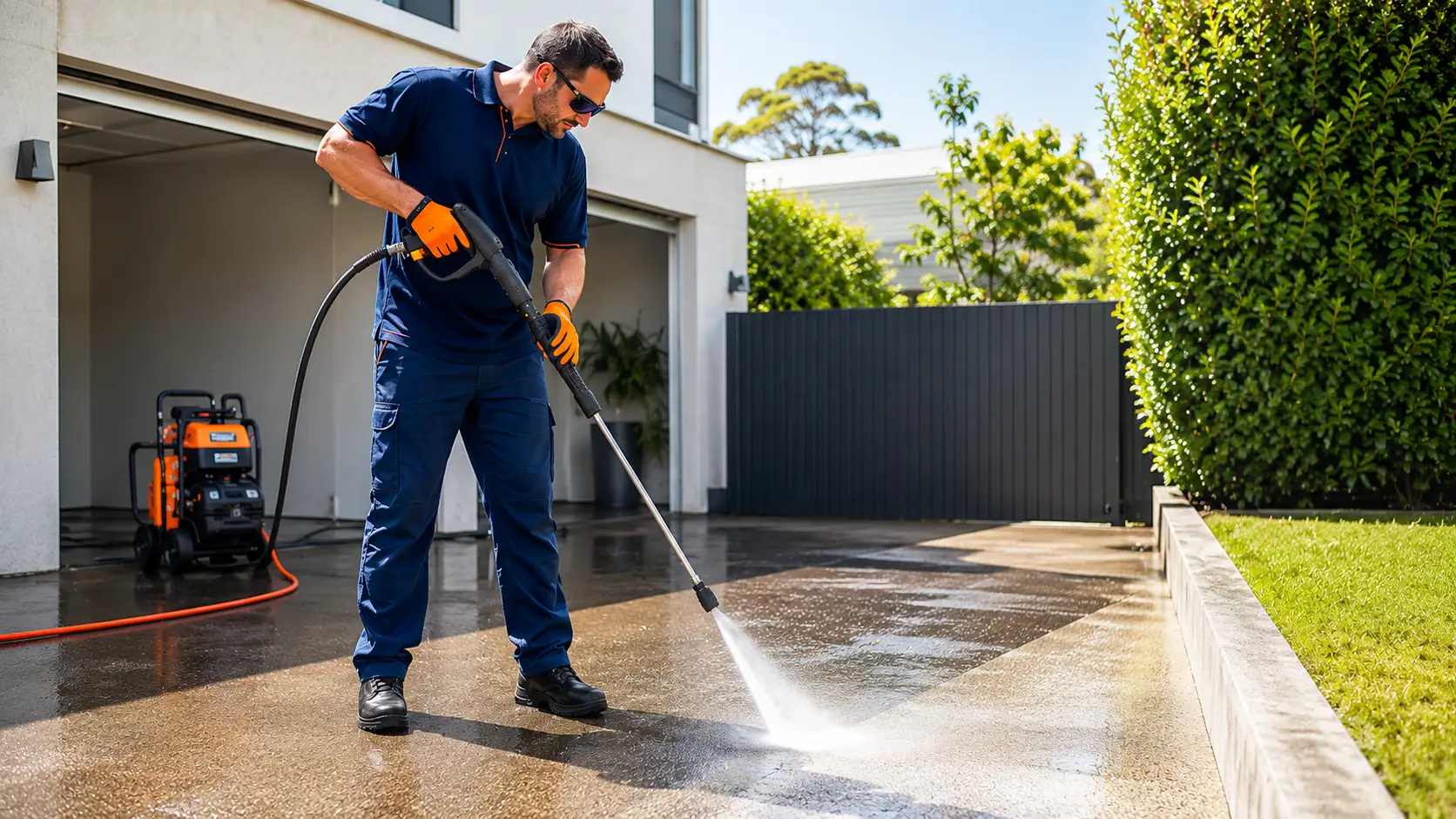 Urgent Pro Cleaning cleaner pressure washing a modern residential driveway with commercial equipment and orange gloves