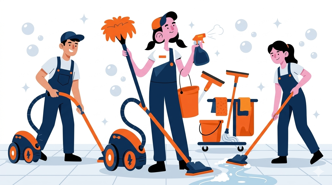 Horizontal vector illustration of a professional cleaning crew in blue uniforms. A man vacuums, a woman mops near a supply cart, and another woman spray-cleans, surrounded by bubbles.