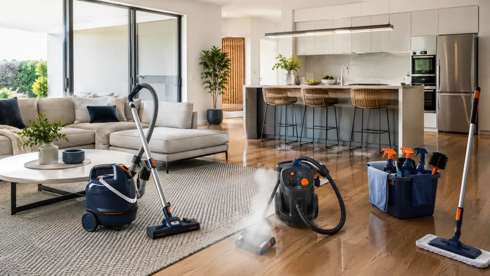 Modern open-plan home being professionally cleaned with commercial-grade vacuum, steam cleaner, mop and cleaning supplies