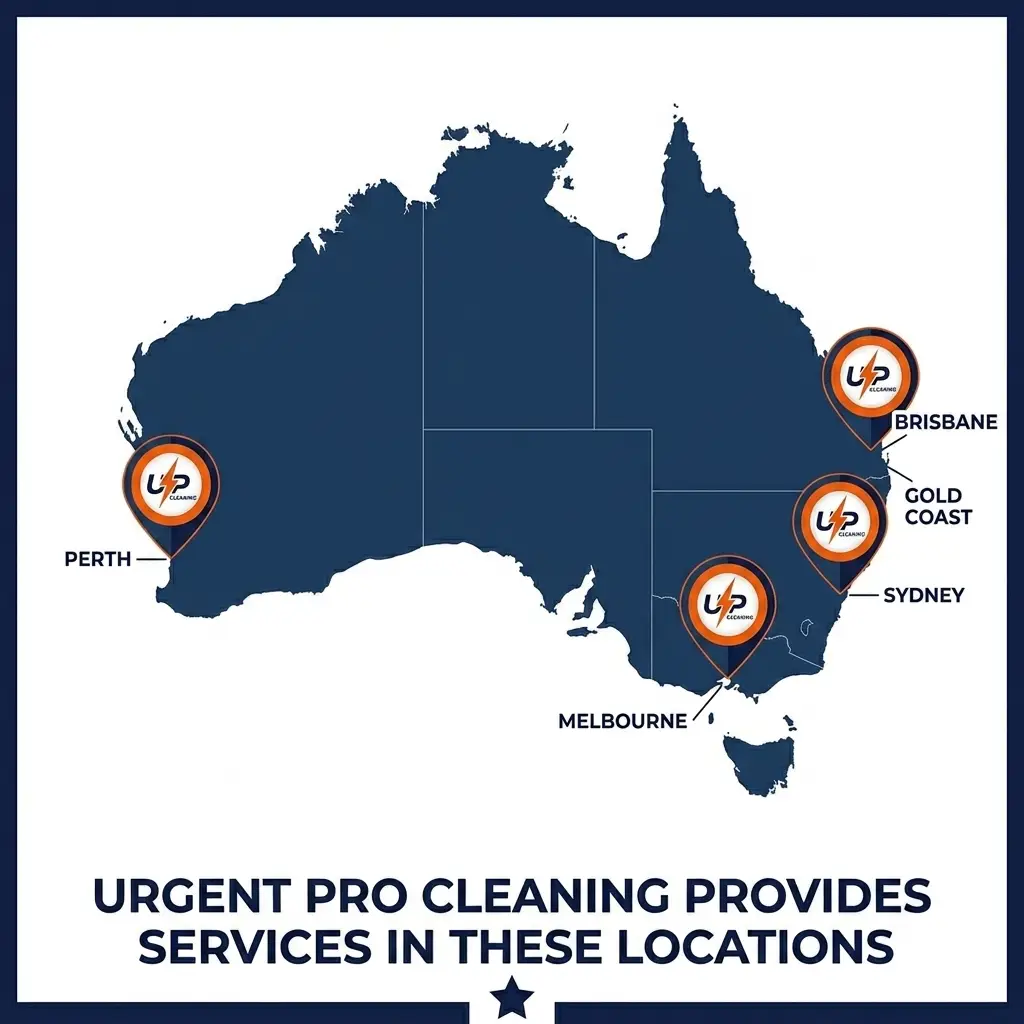 A professional square map of Australia in navy blue, featuring branded Urgent Pro Cleaning location pins on Sydney, Melbourne, Brisbane, Gold Coast, and Perth. The map includes city labels and a footer stating "Urgent Pro Cleaning Provides Services In These Locations" in brand typography.