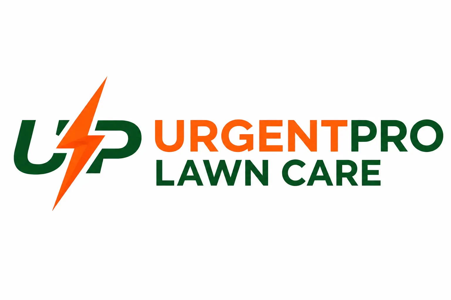 Urgent Pro Lawn Care logo with orange lightning bolt, orange Urgent text and forest green Lawn Care lettering