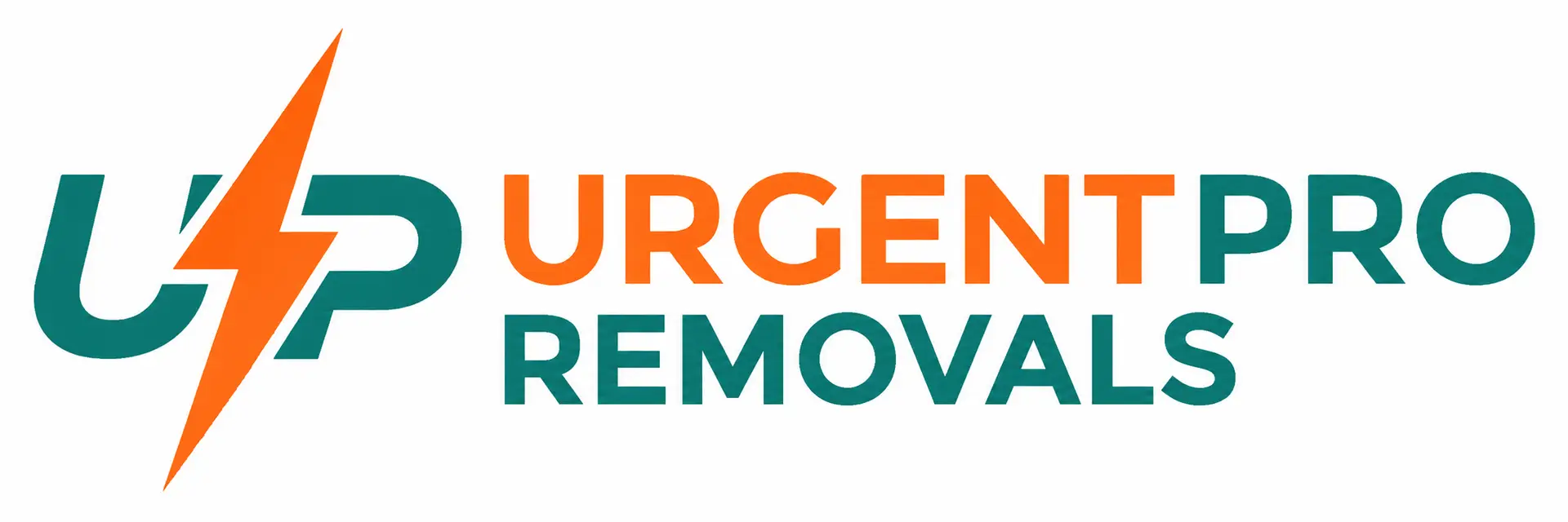 Urgent Pro Removals logo with orange lightning bolt, orange Urgent text and teal Removals lettering