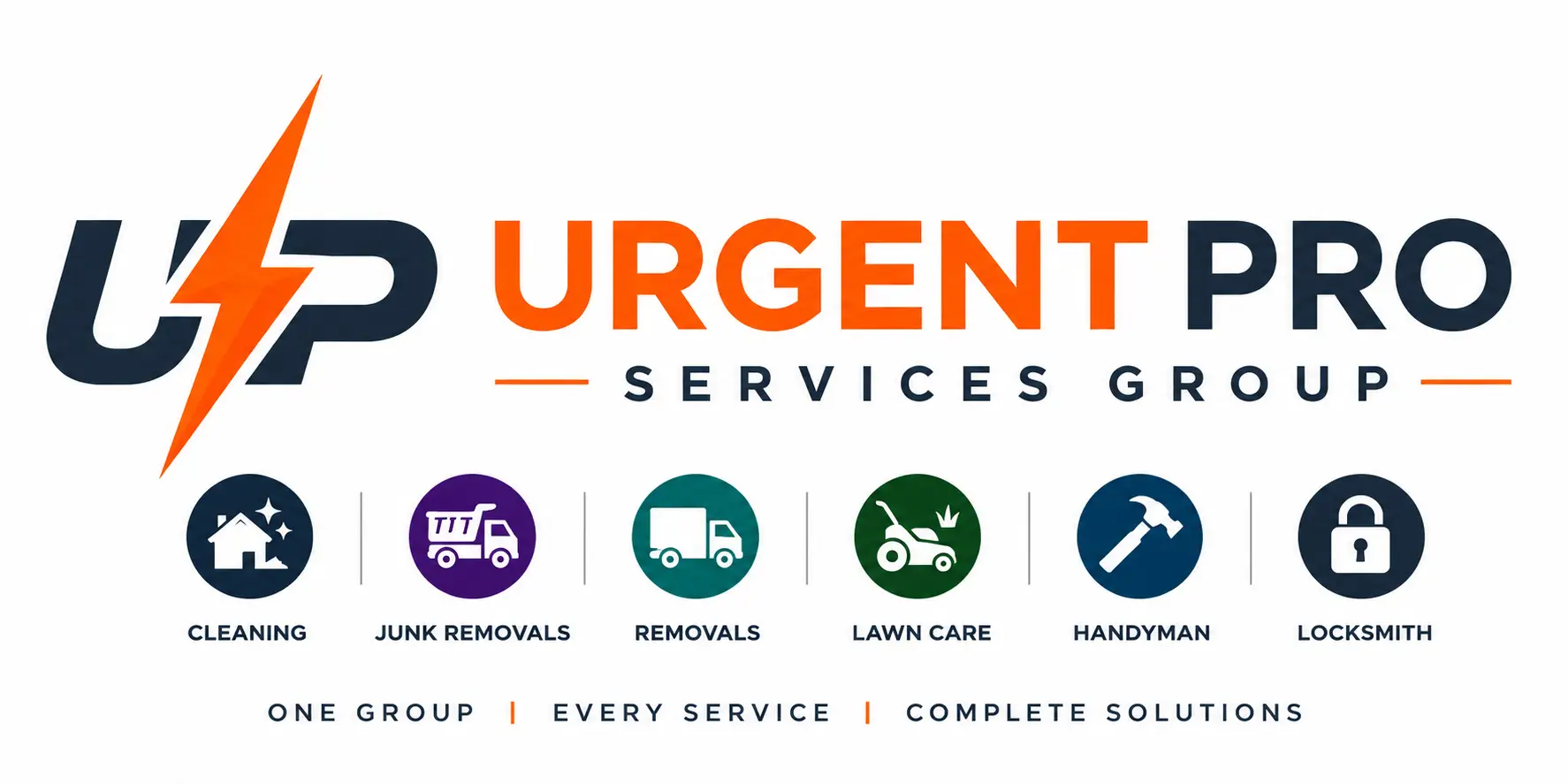 Urgent Pro Services Group logo with orange lightning bolt, Urgent Pro text and service icons for cleaning, removals, lawn care, handyman and locksmith